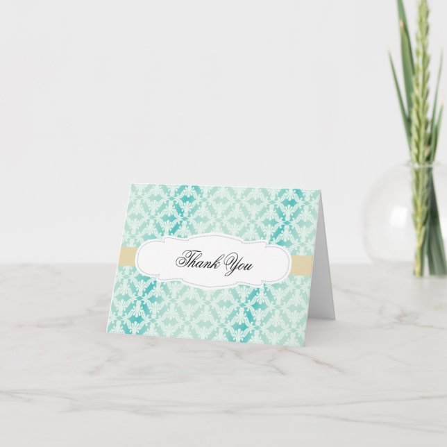 Mint Teal Gold Damask Thank You Card (Front)