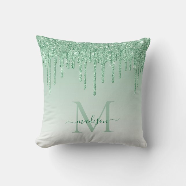 Mint Teal Green Glitter Drips Glam Monogram Script Cushion (Front)