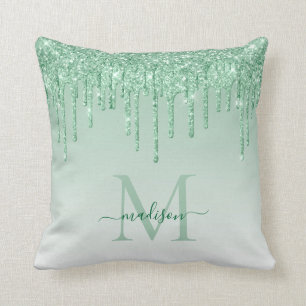 Mint Teal Green Glitter Drips Glam Monogram Script Cushion