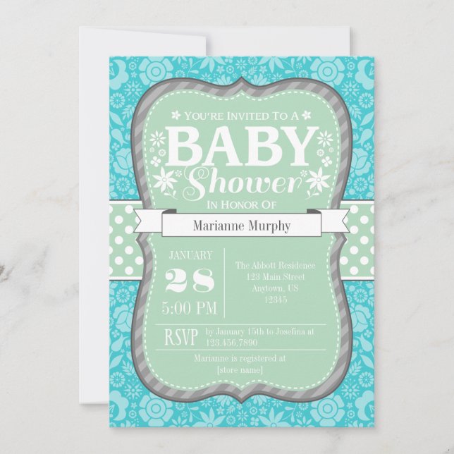 Mint Teal Grey Floral Flower Baby Shower Invite (Front)