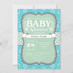 Mint Teal Grey Floral Flower Baby Shower Invite