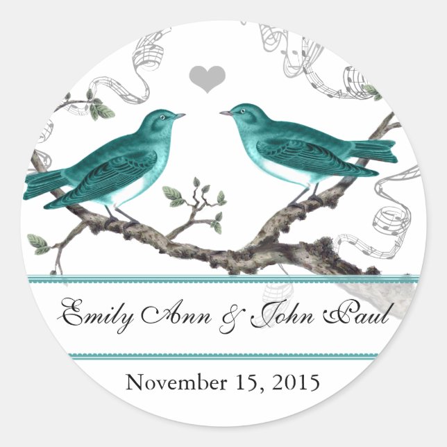 Mint Teal Romantic Rustic Love Bird Wedding Classic Round Sticker (Front)