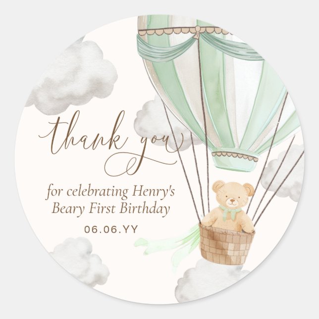 Mint Teddy Bear Thank You Beary First Birthday  Classic Round Sticker (Front)