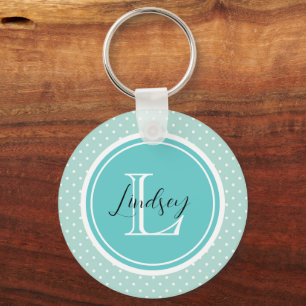 Mint Tiny Polka Dots with Custom Monogram Key Ring
