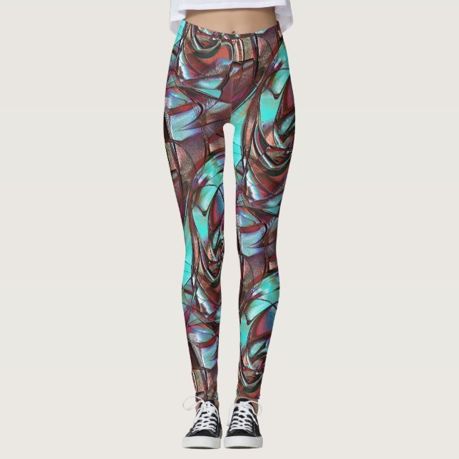Mint to wine circular curved shapes in grain satin leggings (Front)