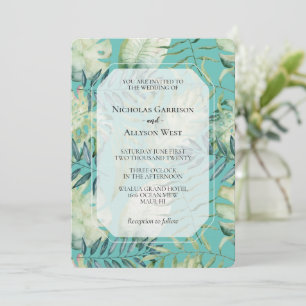Mint Tropical Green Leaves Wedding Invitation