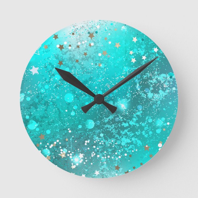 Mint Turquoise Foil Background Round Clock (Front)