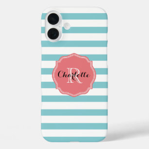 Mint Turquoise Stripes Monogram iPhone 16 Plus Case