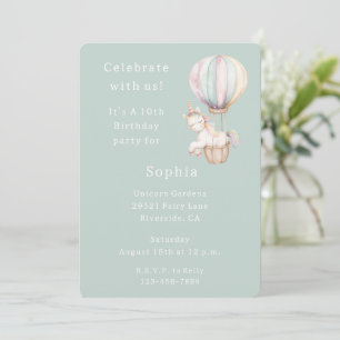 Mint Unicorn Hot Air Balloon Birthday Invitation
