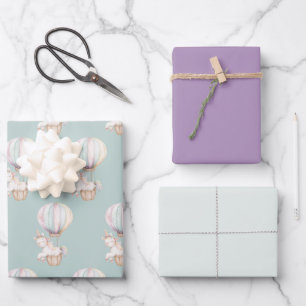 Mint Unicorn Hot Air Balloon Birthday Wrapping Paper Sheet