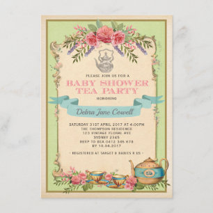 Mint Vintage Baby Tea Party Floral Teapot Invite