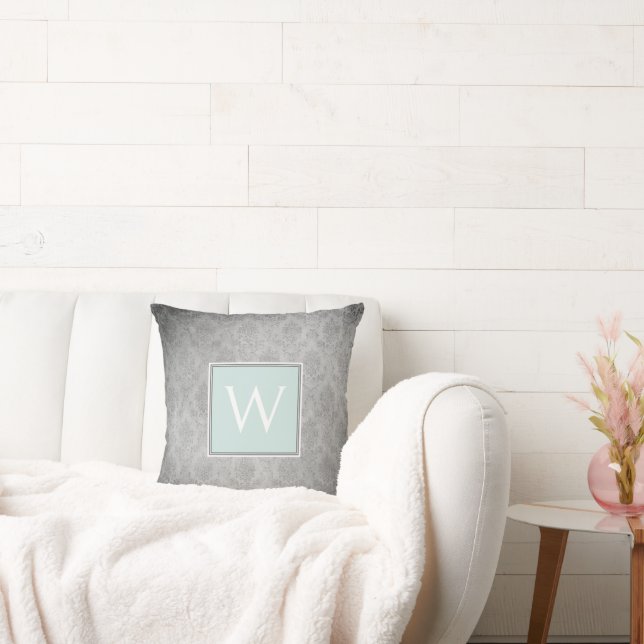 Mint Vintage Damask Monogram Throw Pillow (Couch)