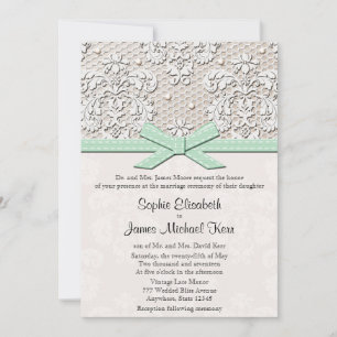Mint Vintage Lace and Pearls Glamour Wedding Invitation