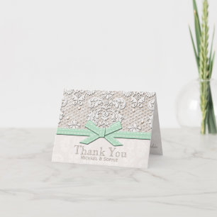 Mint Vintage Lace Pearl Thank You Wedding Cards