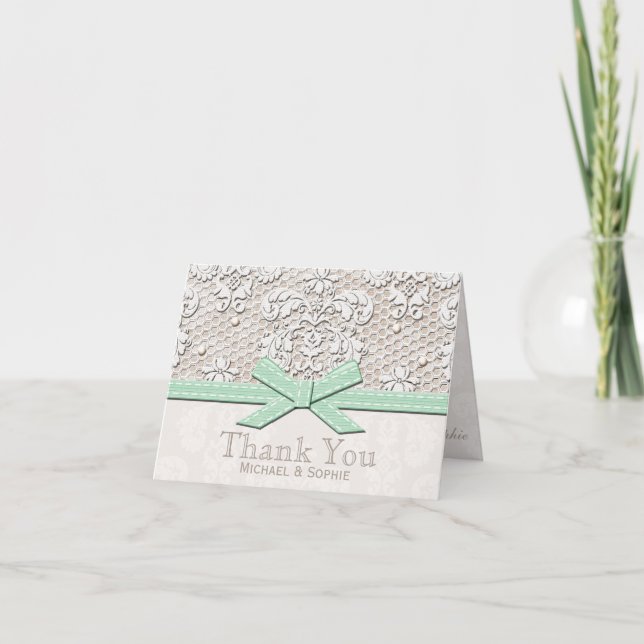 Mint Vintage Lace Pearl Thank You Wedding Cards (Front)