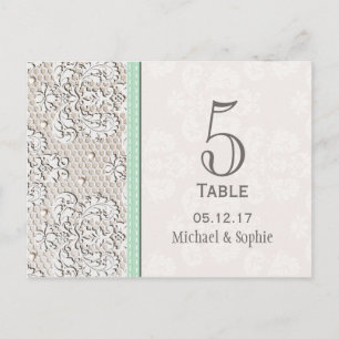 Mint Vintage Lace Wedding Table Number Card