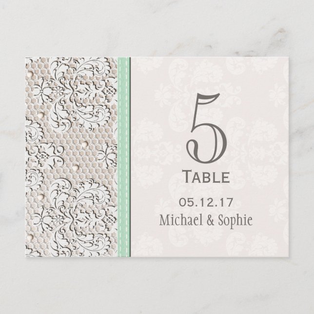 Mint Vintage Lace Wedding Table Number Card (Front)
