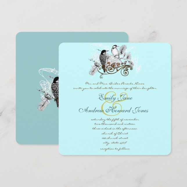 Mint Vintage Lovebirds Wedding Invitation (Front/Back)