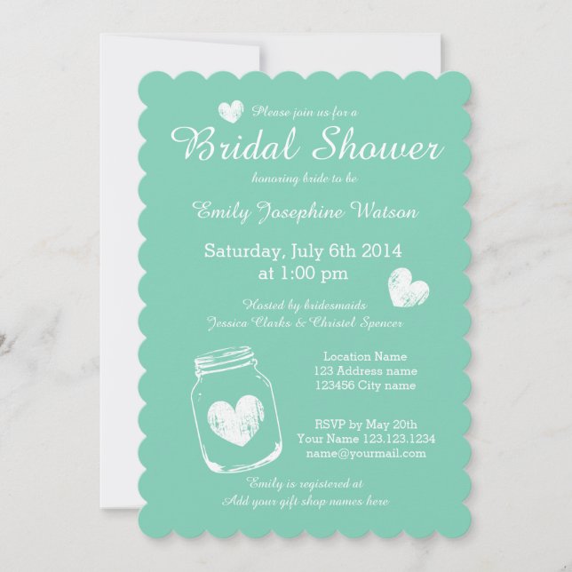 Mint vintage mason jar bridal shower invitations (Front)