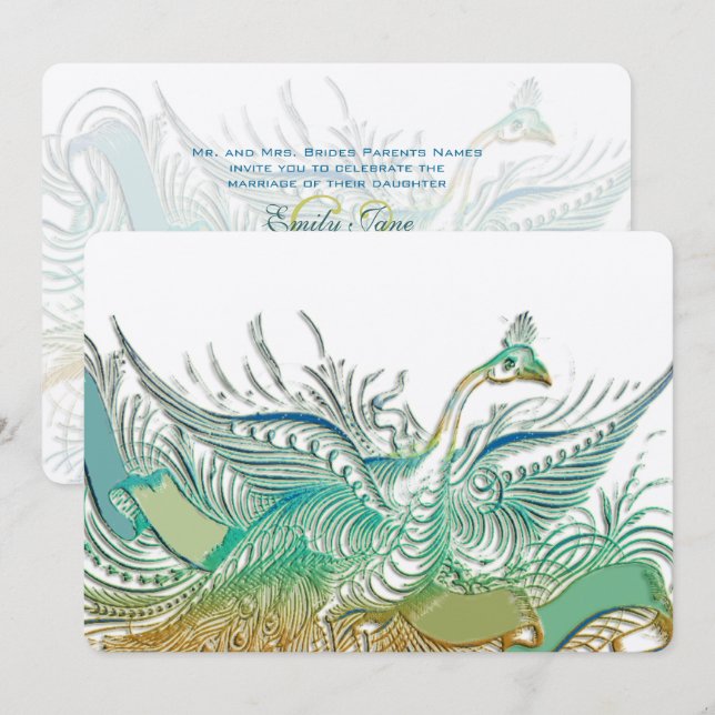 Mint Vintage Romantic  Peacock Birds Wedding Invitation (Front/Back)