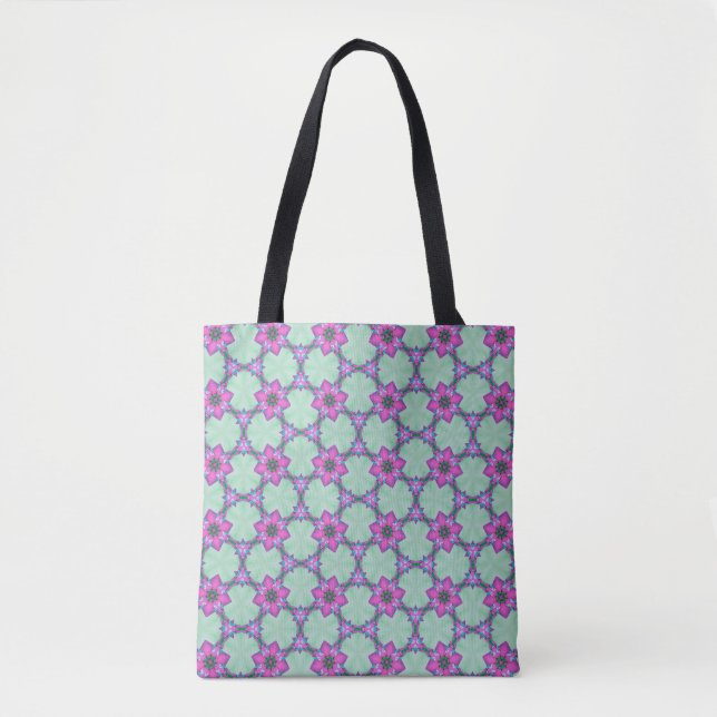 Mint & Violet Geometric Floral Pattern Tote Bag (Front)