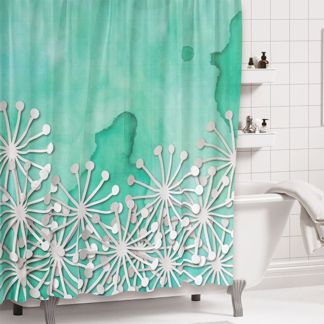 Mint Watercolor and White Flowers Shower Curtain (Creator Uploaded)