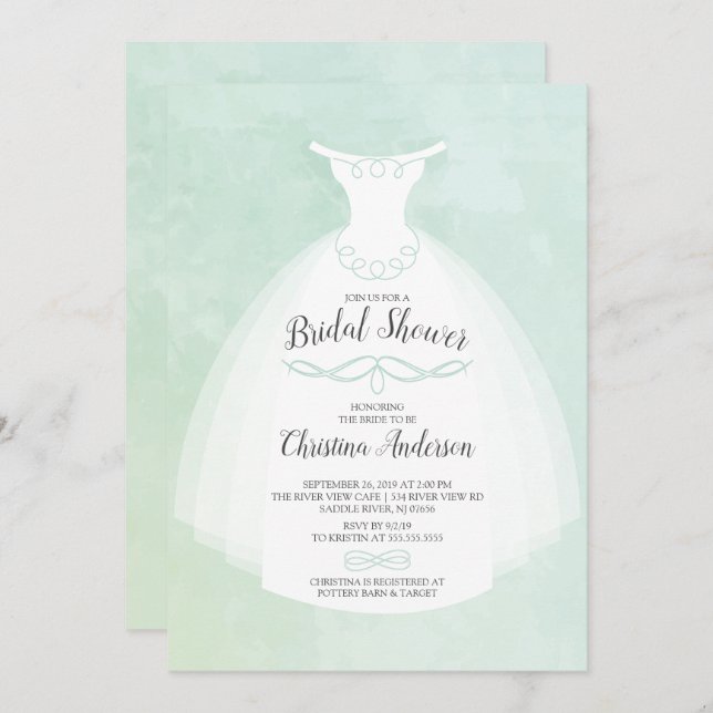 Mint Watercolor Bride Gown Bridal Shower Invitation (Front/Back)