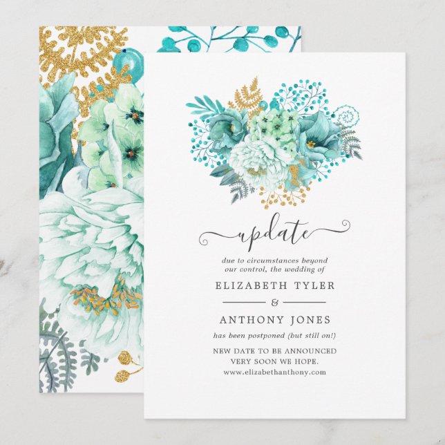 Mint Watercolor Floral Wedding Update Invitation (Front/Back)