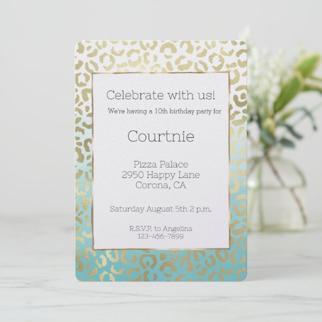 Mint Watercolor Glam Gold Leopard  Invitation (Standing Front)