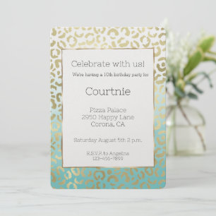 Mint Watercolor Glam Gold Leopard  Invitation