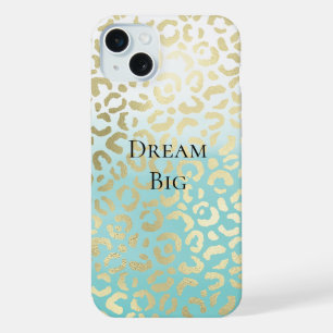 Mint Watercolor Ombre Glam Gold Leopard iPhone 15 Plus Case