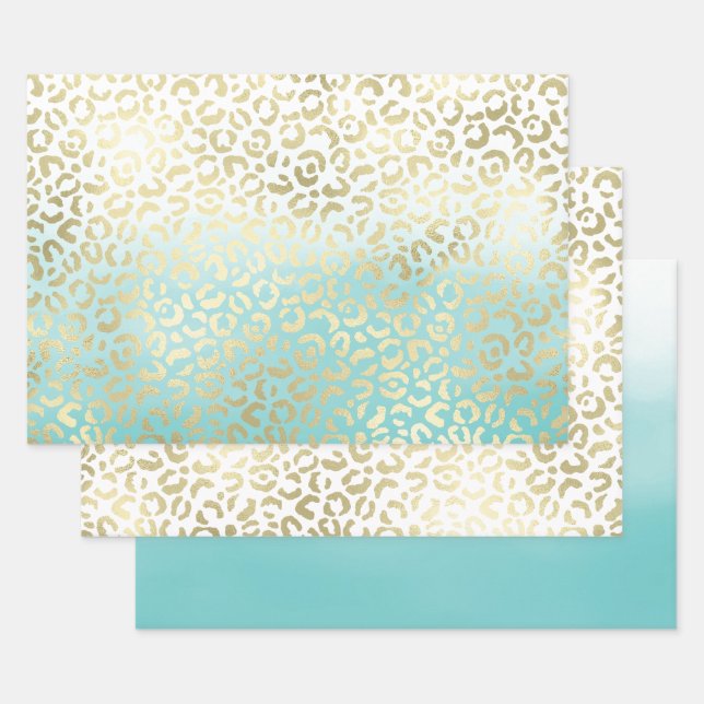Mint Watercolor Ombre Glam Gold Leopard   Wrapping Paper Sheet (Set)