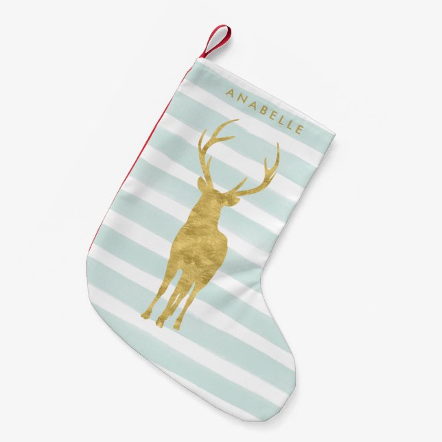 Mint Watercolor Stripes and Gold Deer Small Christmas Stocking (Front (Hanging))