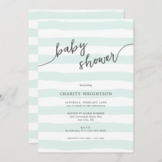Mint Watercolor Stripes Baby Shower Invitation (Front/Back)