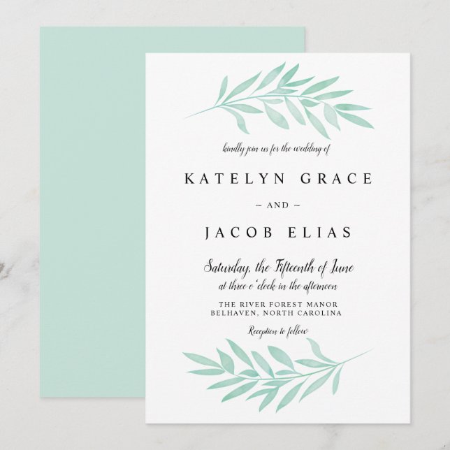 Mint Watercolor Wedding Invitation (Front/Back)