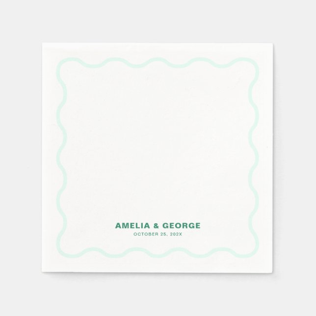 Mint Wavy Retro Wedding Cocktail Napkin (Front)