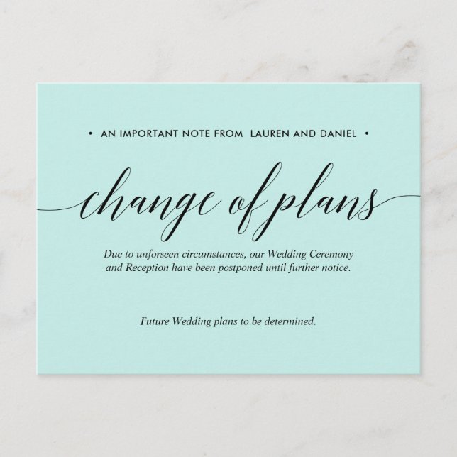 Mint | Wedding Change of Plans Postponed Cancelled Announcement Postcard (Front)