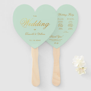 Mint Wedding Program Faux Gold Script Green Heart Hand Fan