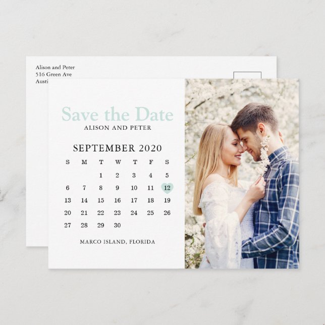 Mint Wedding Save the Date Calendar Photo Announcement Postcard (Front/Back)