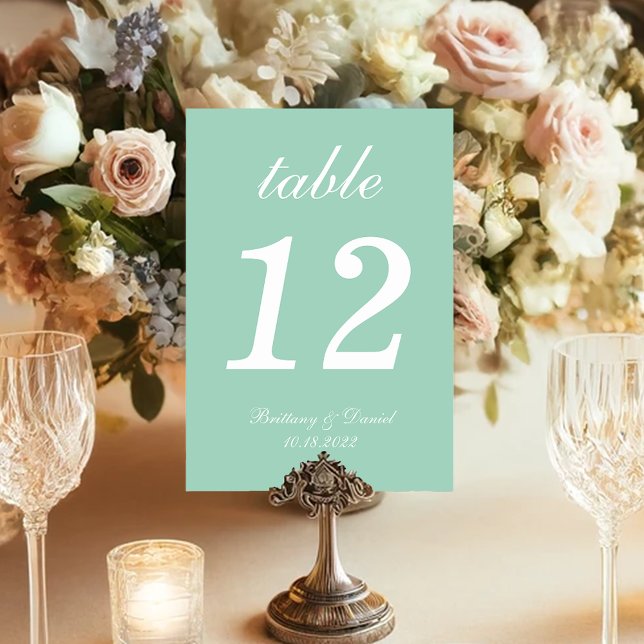 Mint Wedding White Script Calligraphy Simple Green Table Number (Creator Uploaded)
