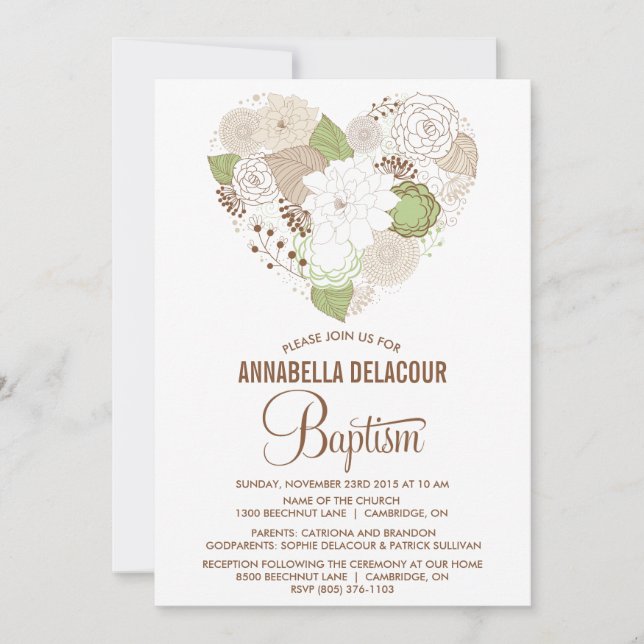 Mint Whimsical Floral Heart Baptism Invitation (Front)