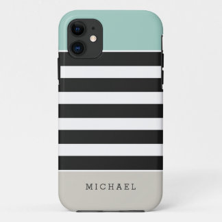 Mint White Black Beige Stripes - Simple Elegant iPhone 11 Case