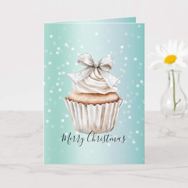 Mint White Bokeh Dots Bow Cupcake Christmas Card (Small Plant)
