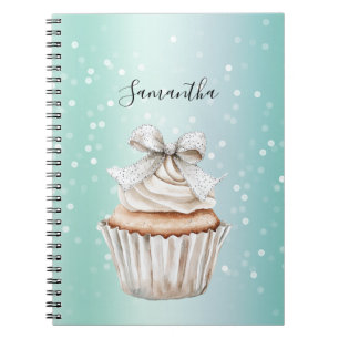 Mint White Bokeh Dots Bow Cupcake Notebook