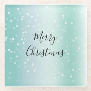 Mint White Bokeh Dots Celebration Glass Coaster