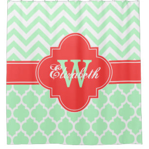 Mint White Coral Red Moroccan #5 Chevron 1IQRN Shower Curtain