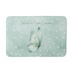 Mint White Dots Butterfly Believe Bath Mat