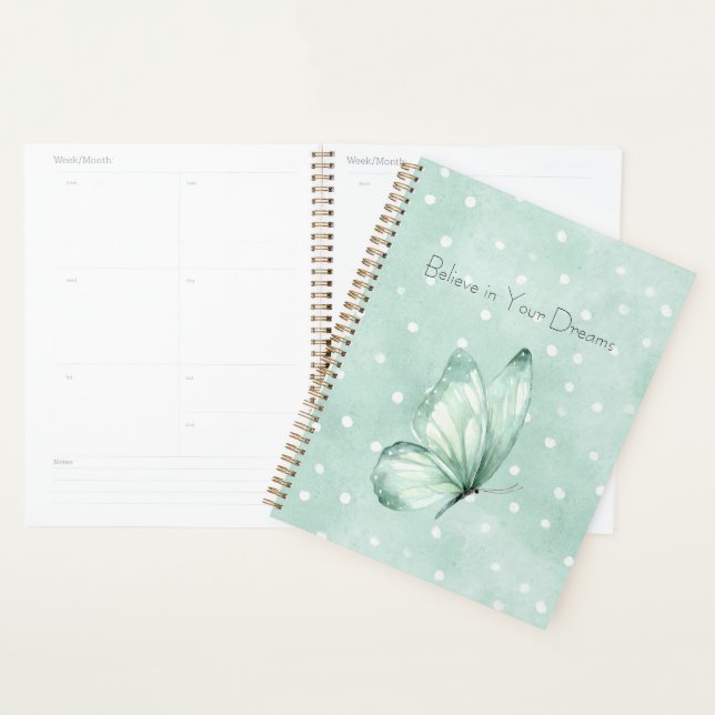 Mint White Dots Butterfly Believe Planner (Display)
