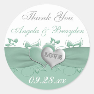 Mint, White Floral Hearts Wedding Favour Sticker