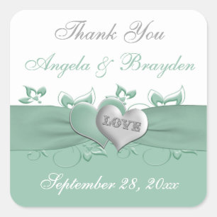 Mint, White Floral Hearts Wedding Favour Sticker